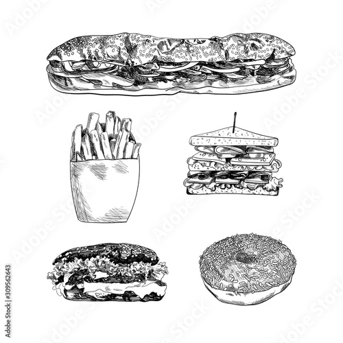 Vector Handdrawn Fast Food Sketches Isolated on White Background, Black Scribble Lines, Set.