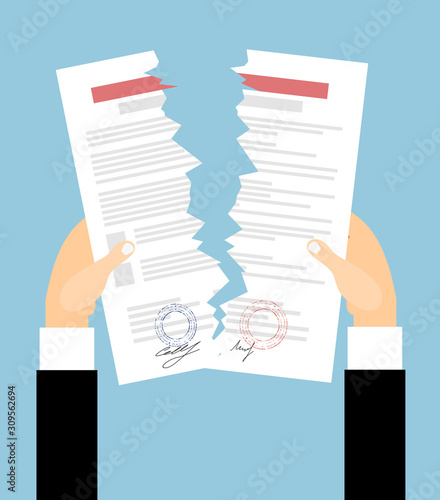 Businessman hands tearing apart contract. Contract termination concept. vector illustration in flat design