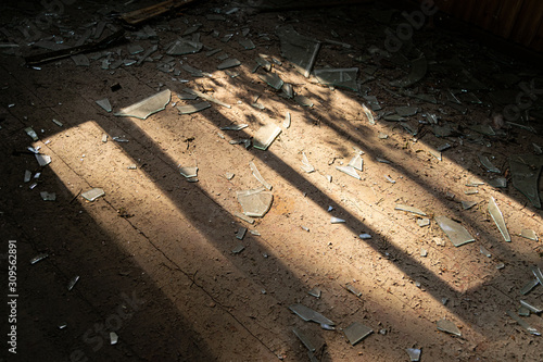 Broken pieces of a glass window