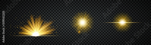 Three different light burst effects or bright explosions on black with fiery sparks and emanating rays