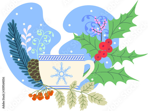 Winter tea  holly  rowan and Christmas tree  colored illustration  hygge concept