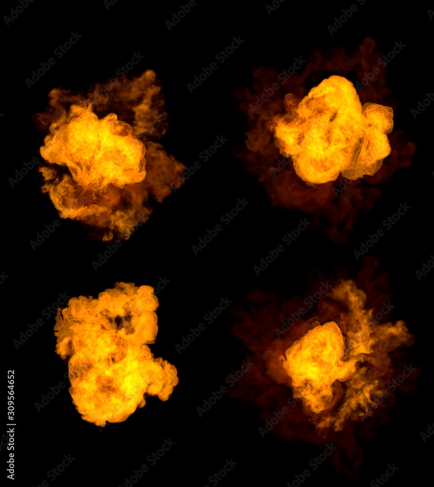 highly detailed bomb blasts - set of 4 different images of fire explosion isolated on black background, 3D illustration of objects