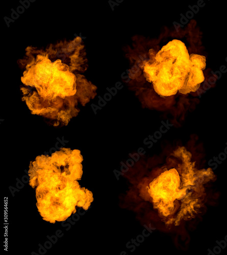 highly detailed bomb blasts - set of 4 different images of fire explosion isolated on black background, 3D illustration of objects photo