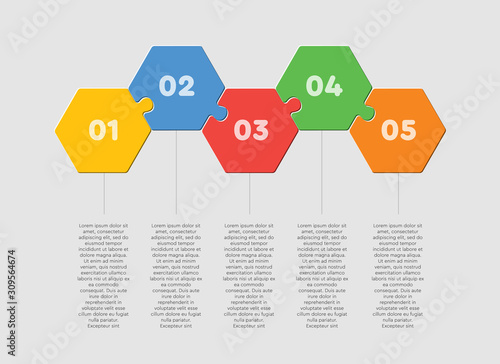 Five puzzle jigsaw hexagon line info graphic.