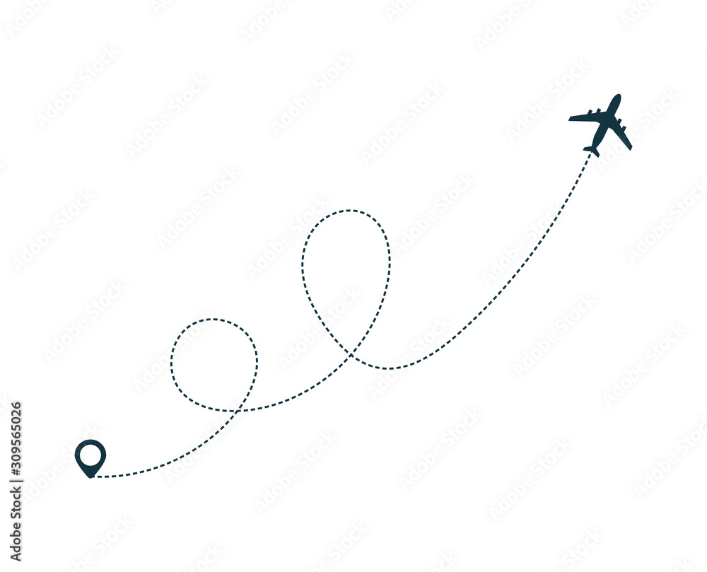 Airplane silhouette icon with dotted line path. Airplane silhouette icon with dotted line path.