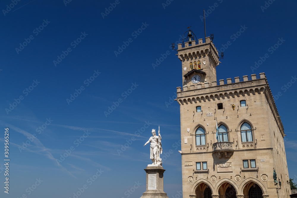 SAN MARINO - JULY 2015: Monument on the square in the historic centre of San Marino capital