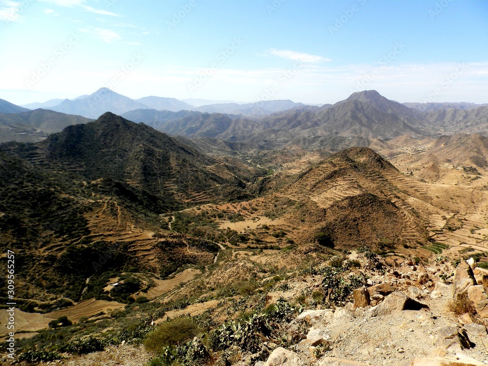 Fototapeta premium Eritrea, Africa - 08/10/2019: Travelling around the vilages near Asmara and Massawa. An amazing caption of the trees, mountains and some old typical houses with very hot climate in Eritrea.