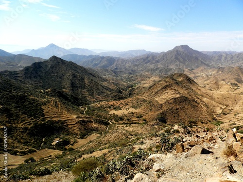 Eritrea, Africa - 08/10/2019: Travelling around the vilages near Asmara and Massawa. An amazing caption of the trees, mountains and some old typical houses with very hot climate in Eritrea.