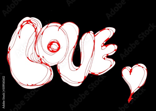 Handwritten word love in red and white with heart and black background