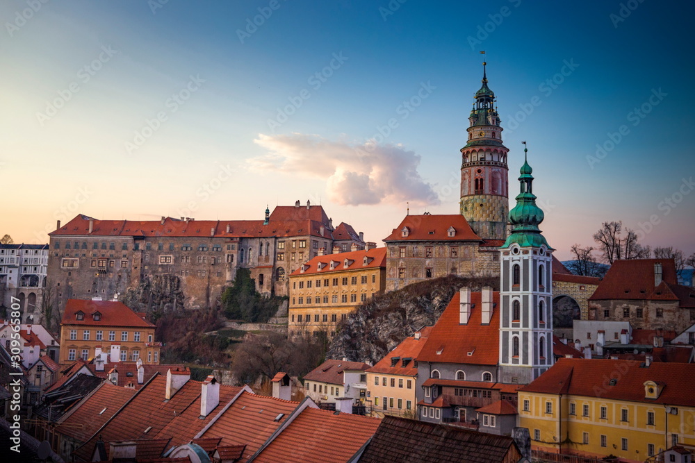 Obraz premium Krumlov castle in the historical center of Cesky Krumlov on sunset. Czech republic.