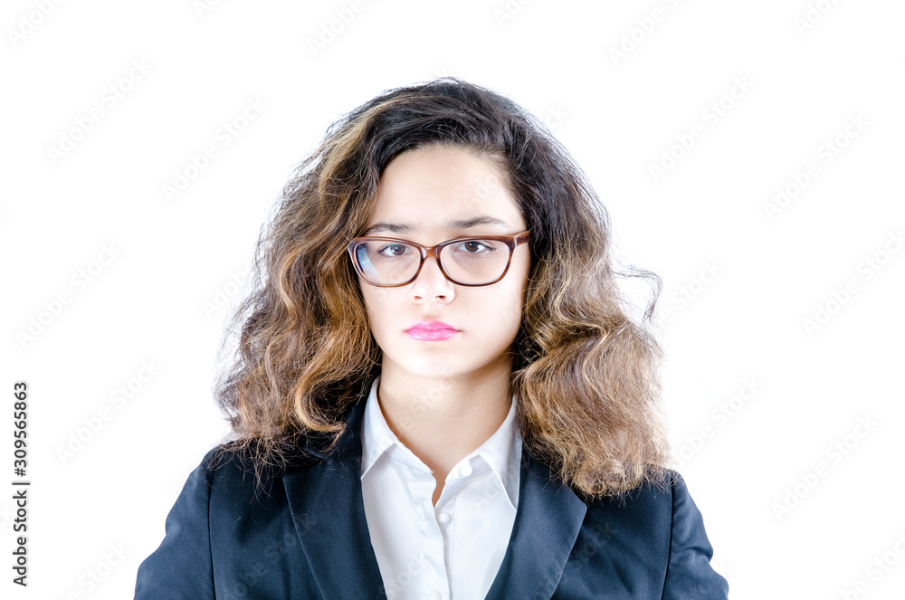 Portrait of young woman brunettes wearing glasses isolated on white background Portrait of young woman brunettes wearing glasses isolated on white background