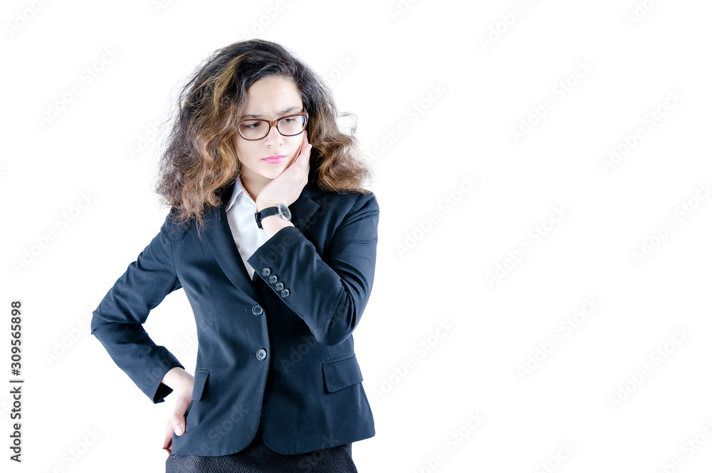 young business woman looking stressed, ashamed or upset, with a headache, covering face with hand isolated on white young business woman looking stressed, ashamed or upset, with a headache, covering face with hand isolated on white