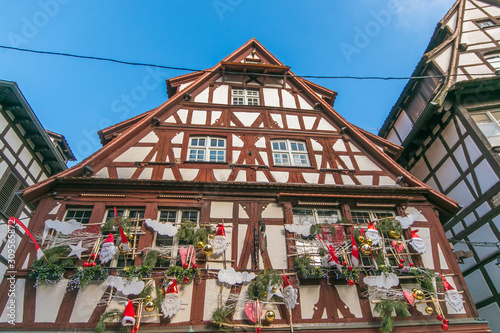 Detail of beautiful house with christmas decorations in the historic center of Strasbourg, Alsace, France