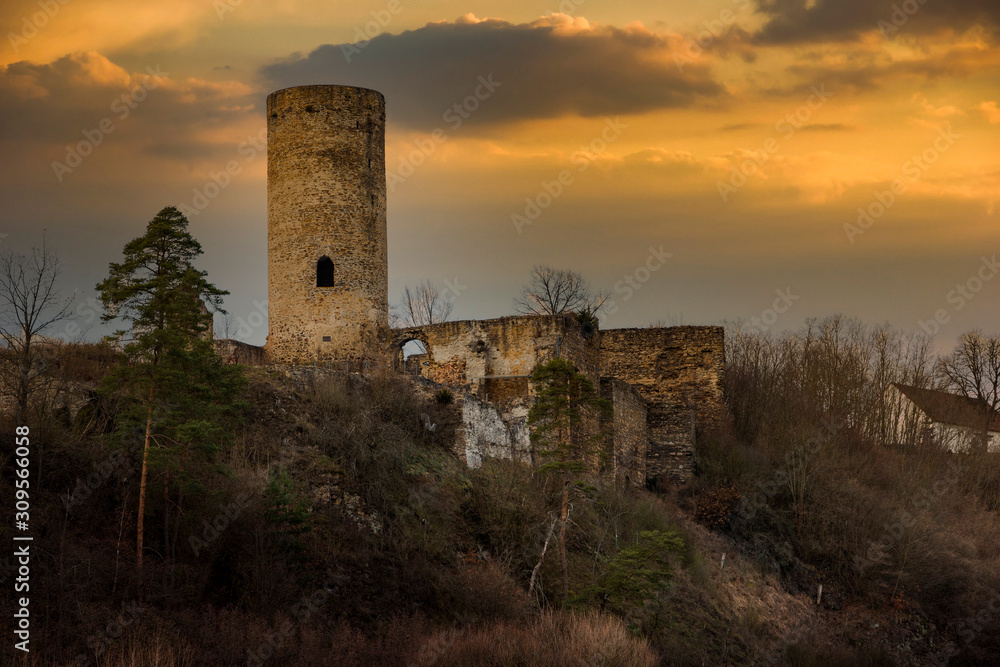 Old ruin Dobronice on a sunset. South Bohemian region. Czech republic. Old ruin Dobronice on a sunset. South Bohemian region. Czech republic.
