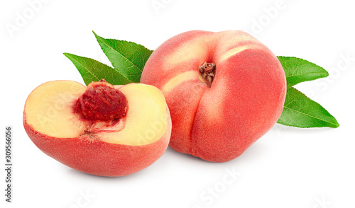 Ripe chinese flat peach fruit and half with leaf isolated on white background