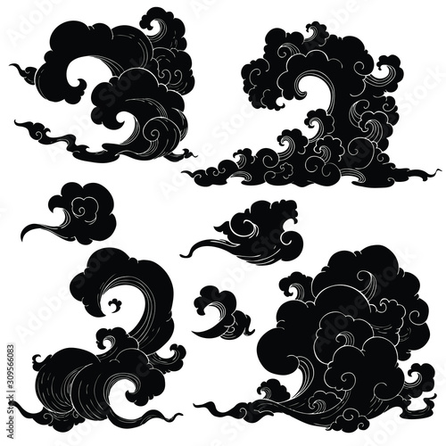Oriental  Japanese, Chinese, Thailand cloud with vertical shape vector set 