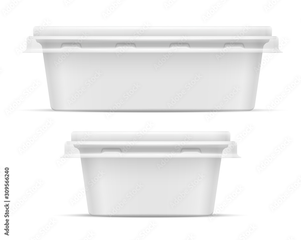 Front view of rectangular plastic container with transparent lid. 3D illustration isolated on white background. Front view of rectangular plastic container with transparent lid. 3D illustration isolated on white background.