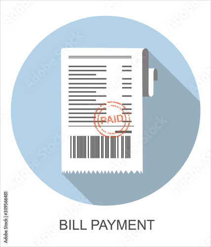Vector illustration paying bills concept. Payment of utility, bank, restaurant and other bills. Giving or receiving bill. Bill with red rubber stamp paid.