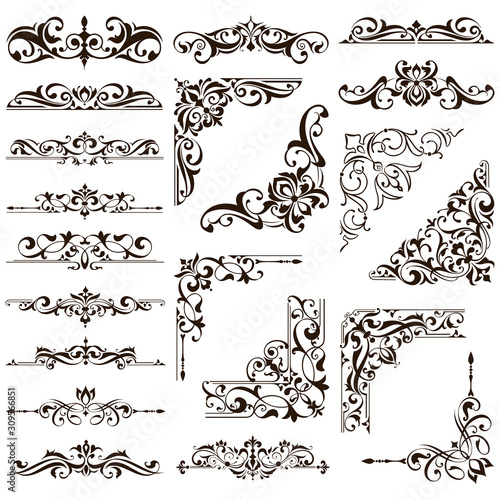 Ornamental design lace borders and corners Vector set art deco floral ornaments elements