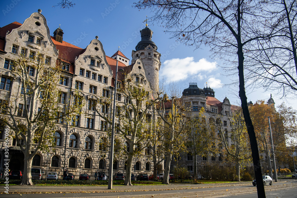 Naklejka premium Morning view to New City Hall Neues Rathaus in historical part of Leipzig, Germany. November 2019
