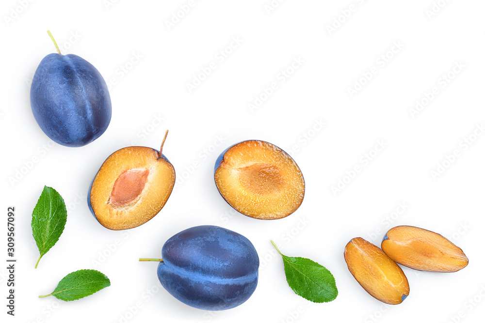 Fototapeta premium fresh blue plum and half with leaves isolated on white background with copy space for your text. Top view. Flat lay