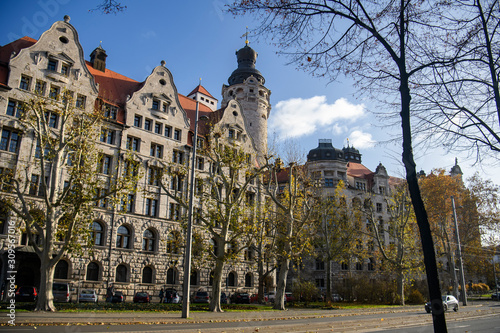 Morning view to New City Hall Neues Rathaus in historical part of Leipzig, Germany. November 2019