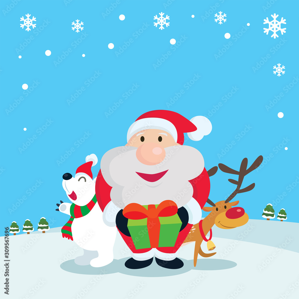 Santa Claus holding gift box with reindeer and polar bear. Santa and friends.
