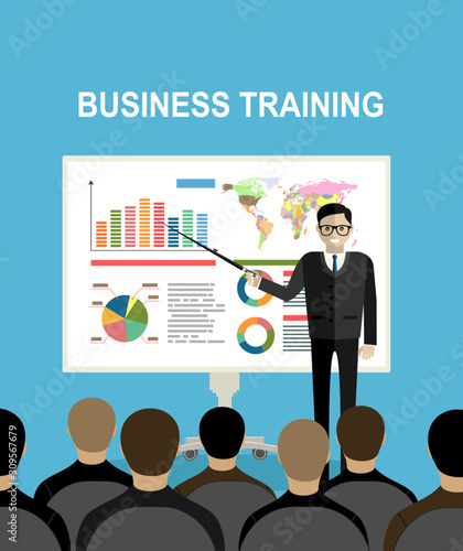 Training staff, business presentation, meeting, financial report, business school. Flat illustration. Modern flat design for websites, web banner, infographics, printed materials. Vector illustration