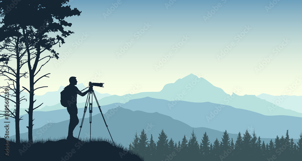 Photographer from a tripod photographs the landscape of nature. Forest trees mountains. Silhouette vector illustration - obrazy, fototapety, plakaty 