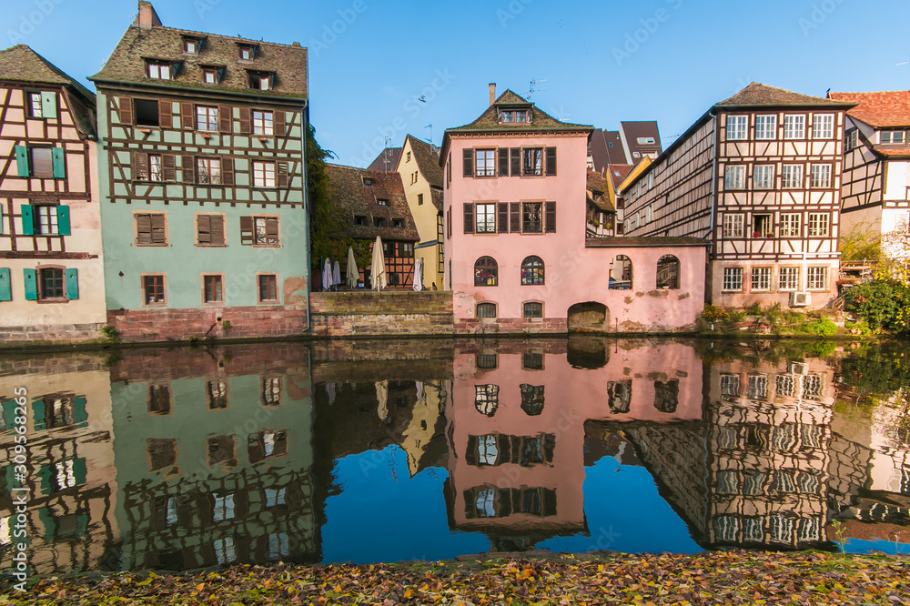 Petite France in the center of Strasbourg, Alsace, France - Detail of half timbered houses reflections in the river Ill