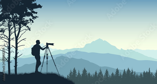 Photographer from a tripod photographs the landscape of nature. Forest trees mountains. Silhouette vector illustration