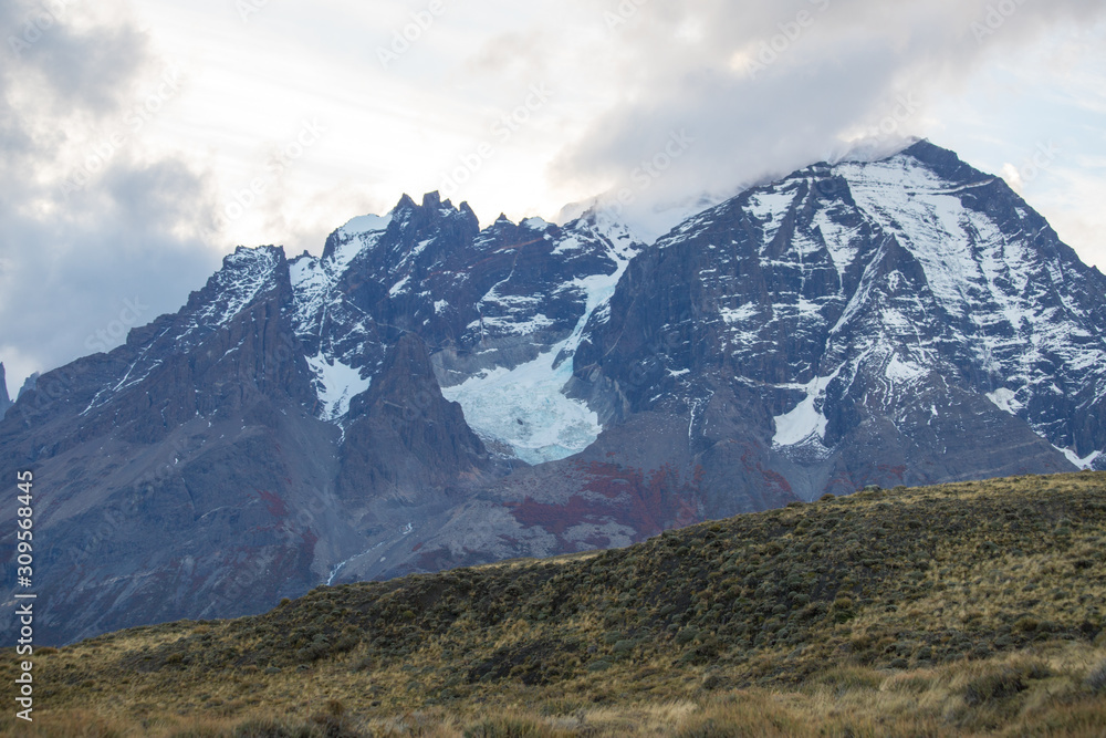 View at sunset of the landscape of the Torres del Paine mountains in autumn, Torres del Paine National Park, Chile