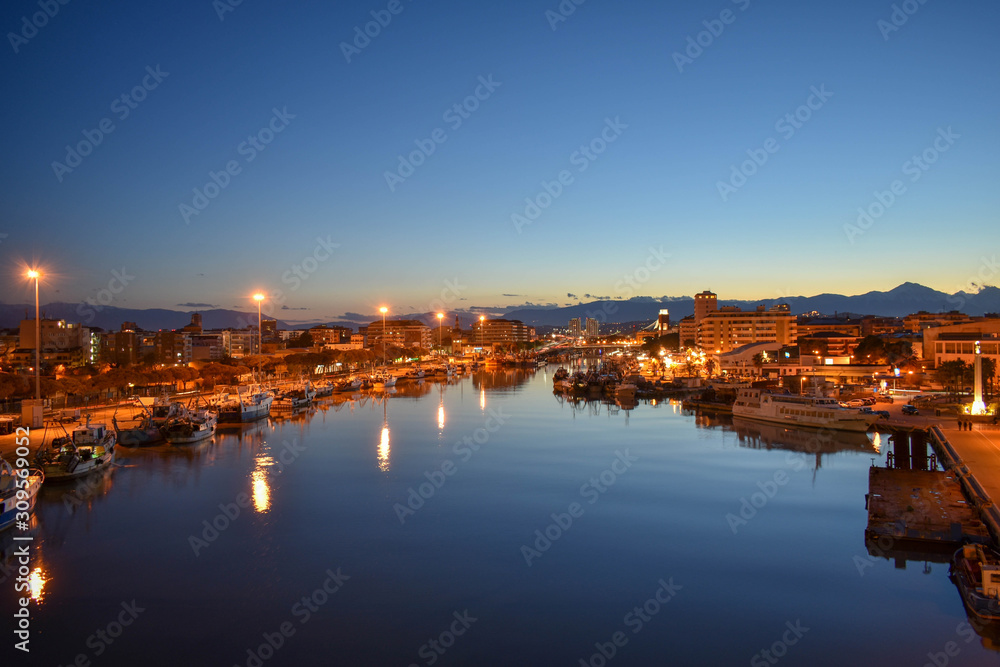 Illuminated Pescara View From the Bridge by Night of City and River in Abruzzo, Italy