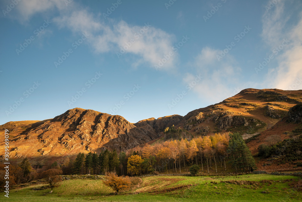 Fototapeta premium Majestic vibrant Autumn Fall landscape Buttermere in Lake District with beautiful early morning sunlight playing across the hills and mountains