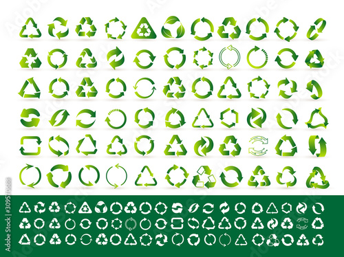 Big set of recycle icon. Green recycling and rotation arrow icon pack. Flat design web elements for website, app for infographics materials. Eco vector illustration. Isolated on white background.