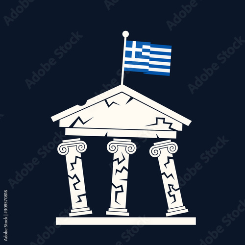 Greek ancient and antique architecture is going to collapse. Greece in crisis - state and country is deteriorating, declining and failing. Vector illustration