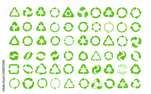 Mega set of recycle icon. Green recycling and rotation arrow icon pack. Flat design web elements for website, app for infographics materials. Eco vector illustration. Isolated on white background.