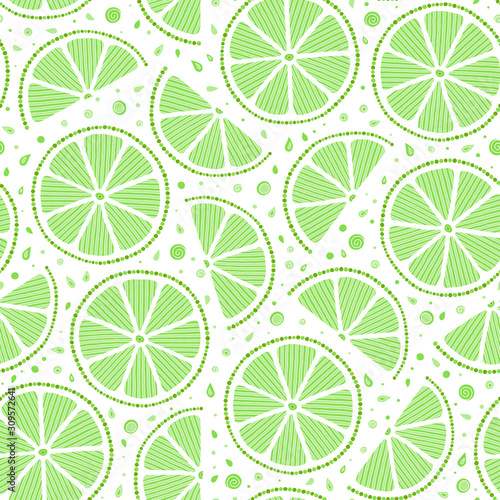 Lime with green leaves, slice citrus white background.