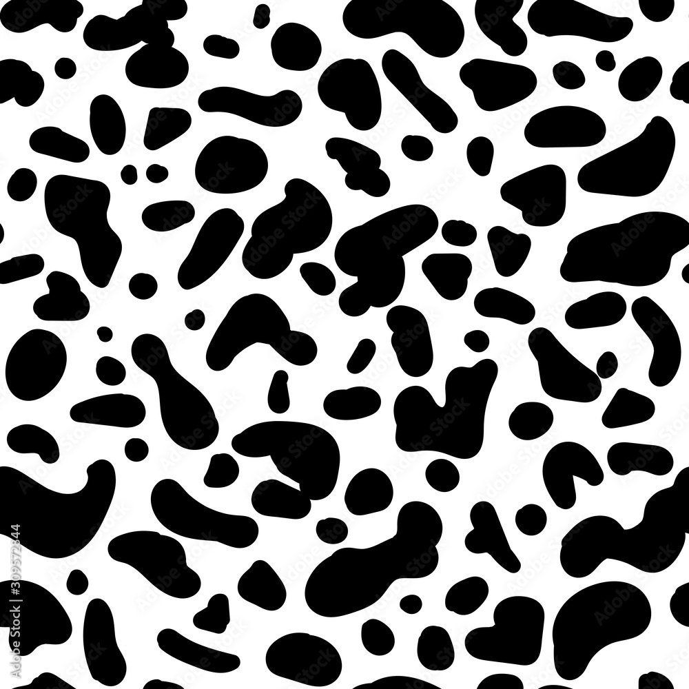 Seamless vector animal pattern. Hand drawn black isolated spots . Random spots similar to the color of the animal. Stylized Dalmatian, cow, cheetah, leopard print. Ornament for textile, clothes Seamless vector animal pattern. Hand drawn black isolated spots . Random spots similar to the color of the animal. Stylized Dalmatian, cow, cheetah, leopard print. Ornament for textile, clothes