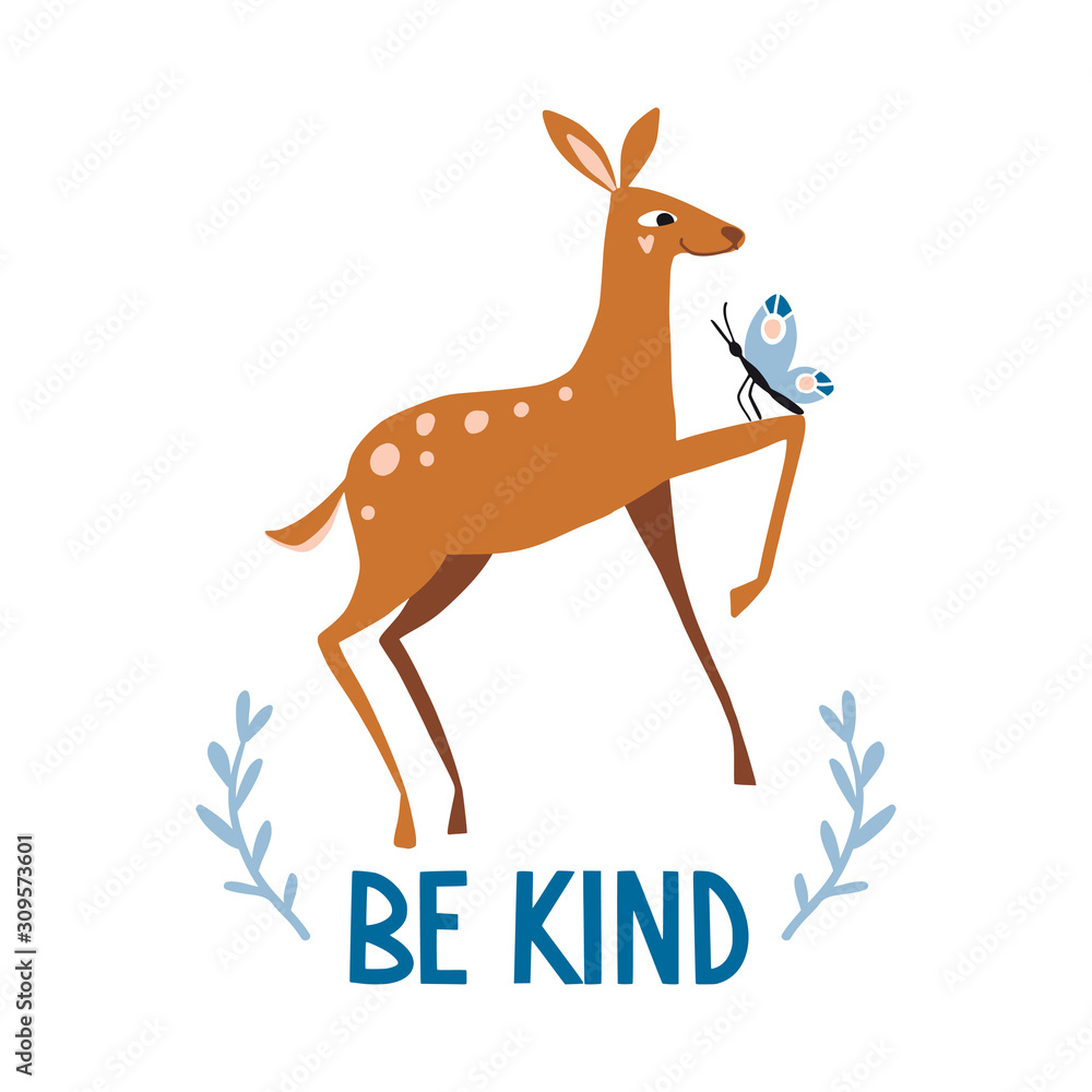Be kind. Cute hand drawn little deer and butterfly Be kind. Cute hand drawn little deer and butterfly