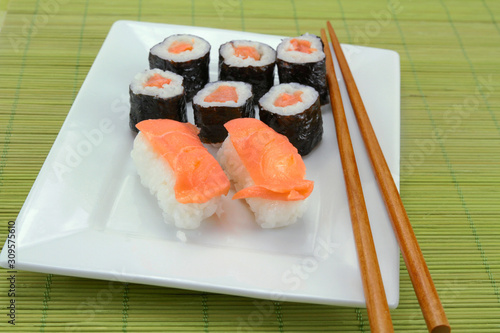 plate of sushi and maki on a table