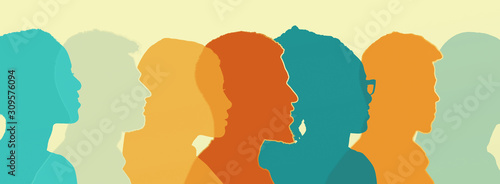 Diverse colored silhouettes of people looking in one direction