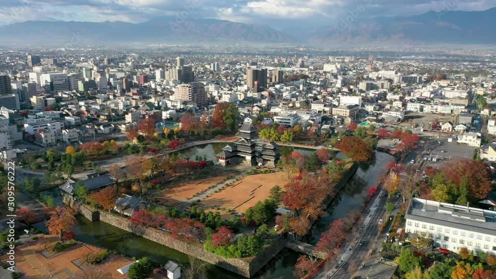 Aerial View 4k by drone of Matsumoto Castle in Matsumoto city, Nagano, Japan. Aerial View 4k by drone of Matsumoto Castle in Matsumoto city, Nagano, Japan.