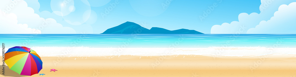 Seascape Panorama With Colorful Umbrella On The Beach With Starfish And Foam Of Sea Wave From Seascape View Photo In Outdoor Sunlight And Cloudy Vector Illustration Background.