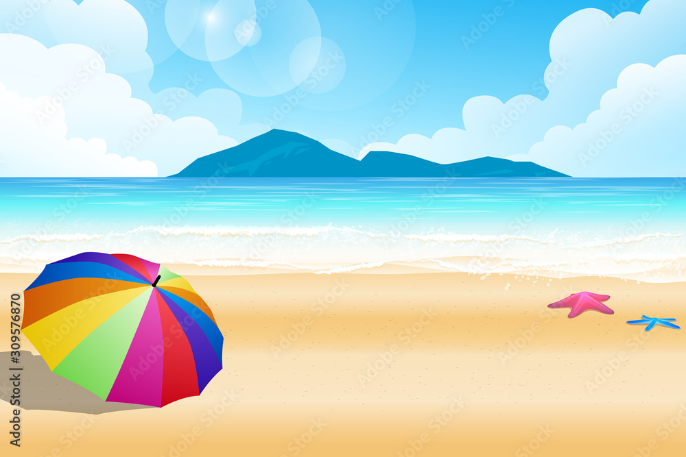 Colorful rainbow of umbrella on the beach with starfish and foam of sea wave from seascape view photo in outdoor sunlight lighting vector illustration. Colorful rainbow of umbrella on the beach with starfish and foam of sea wave from seascape view photo in outdoor sunlight lighting vector illustration.