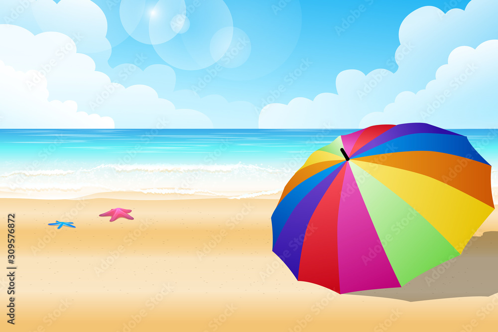 Colorful rainbow of umbrella on the beach with starfish and foam of sea wave from seascape view photo in outdoor sunlight lighting vector illustration.