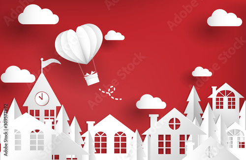 Urban landscape of city village with folded heart-shaped hot air balloons on a red sky with clouds in paper art style. Vector illustration design for Valentine's day love concept.