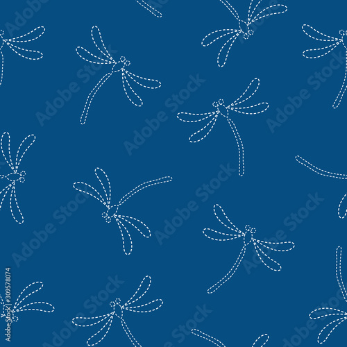 Seamless vector pattern background with dragonflies in japanese embroidery style.