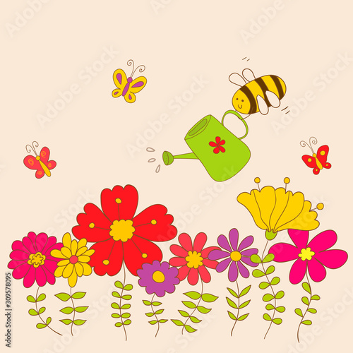 Cute floral vector card. Funny bee flying over flowers.