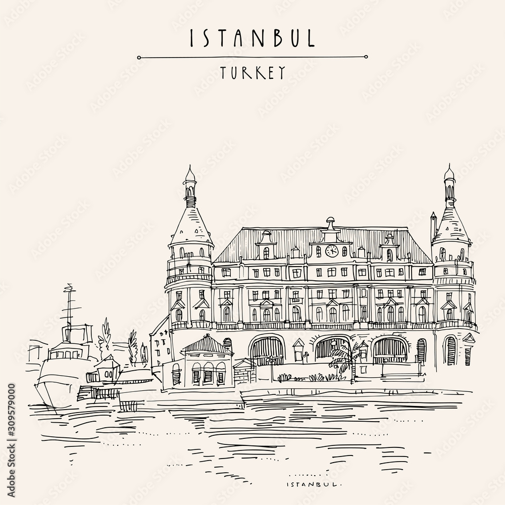 Istanbul, Turkey. Haydarpasa train station and dock. Hand drawn tourist attraction, beautiful old architecture. Travel sketch of a nice building. Vintage touristic postcard or poster